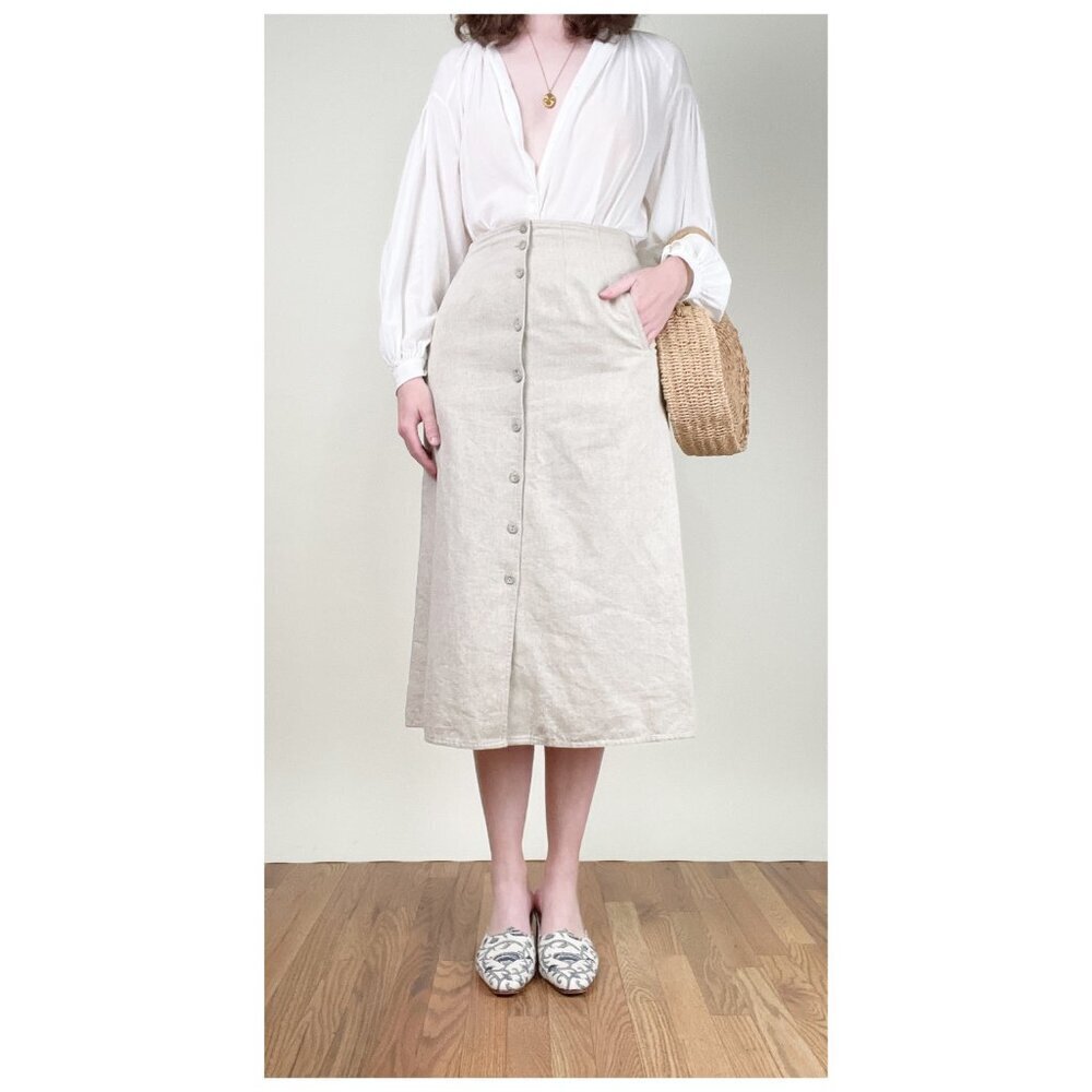 Vintage Linen Button Down Midi Skirt A-line Old Money Quiet Luxury French Girl - Picture 2 of 9